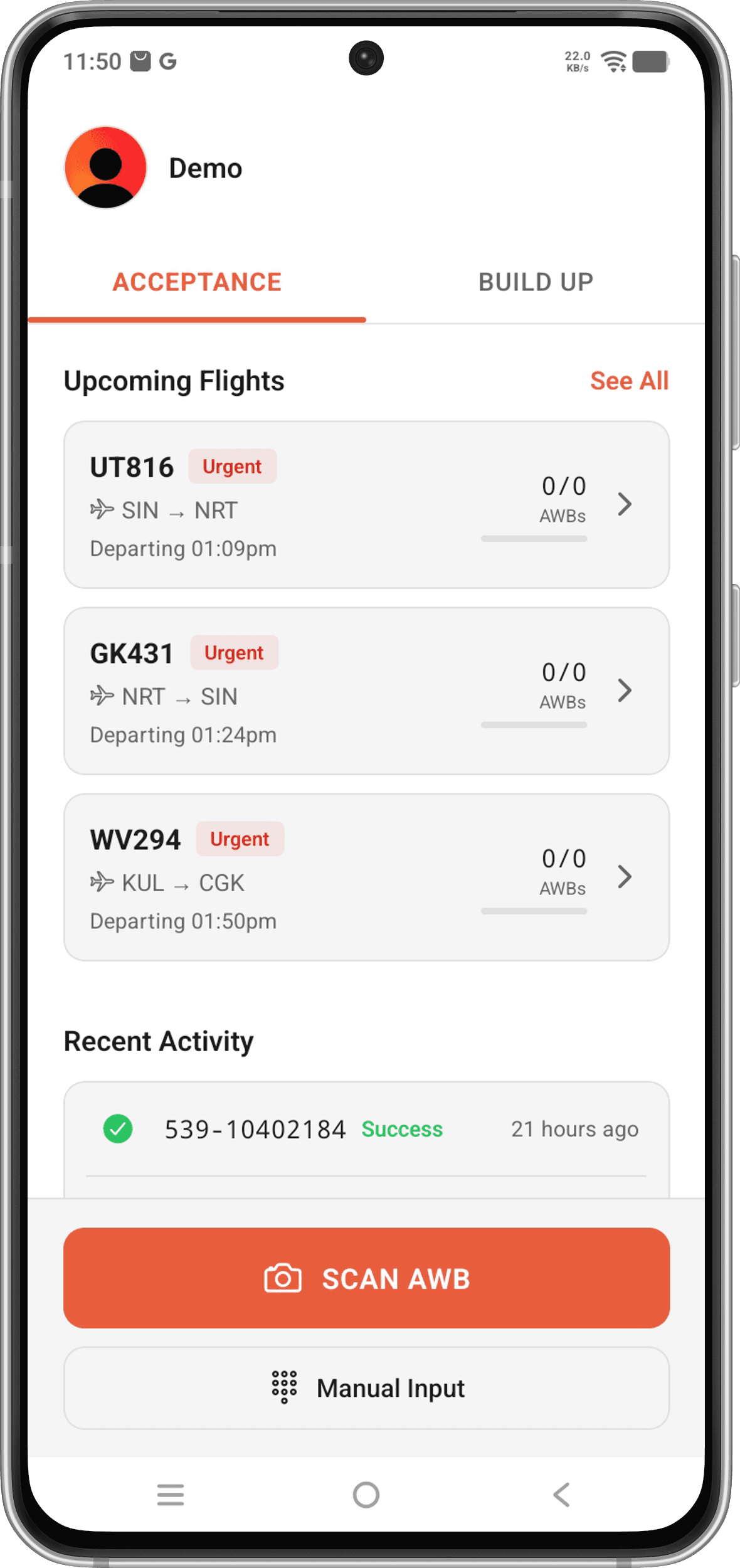 The same acceptance tab on Android, with upcoming flights and a Scan AWB button.