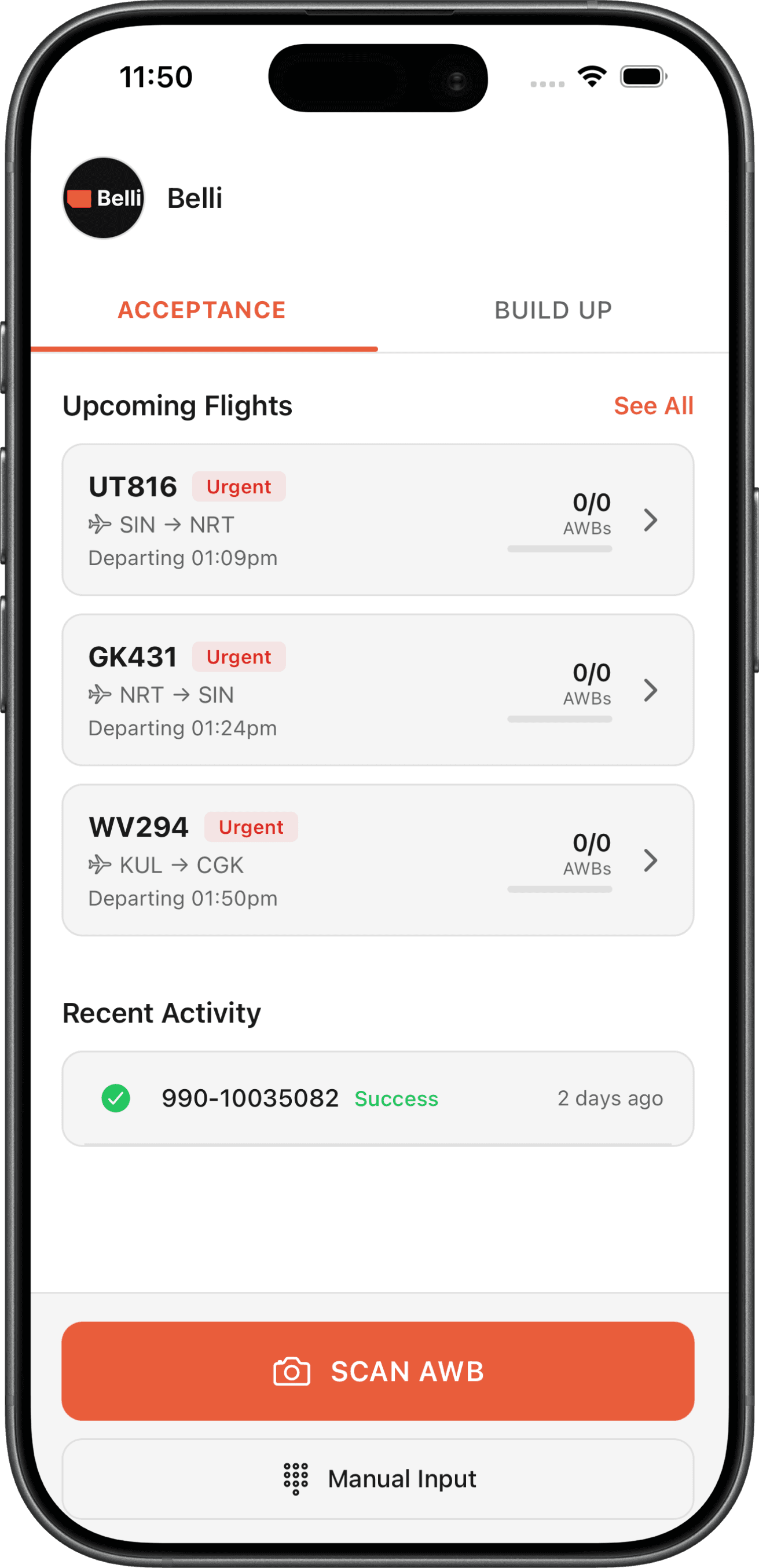 The Belli app's acceptance tab on iPhone: upcoming flights, recent activity, and a Scan AWB button.